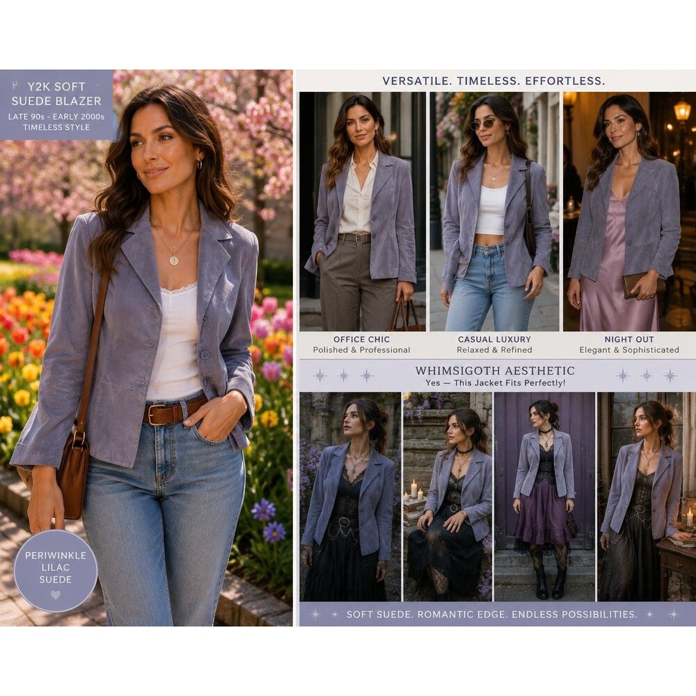 Vintage Y2K  Brandon Thomas Women L Lilac Periwinkle Suede Leather Blazer Jacket